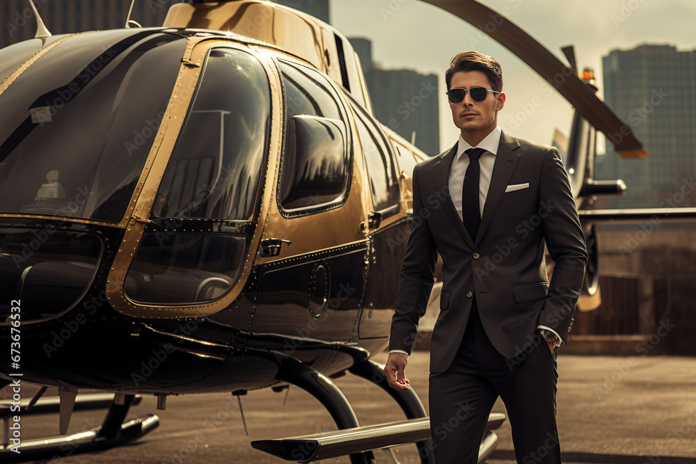 Businessman private helicopter transport Businessman private helicopter transport