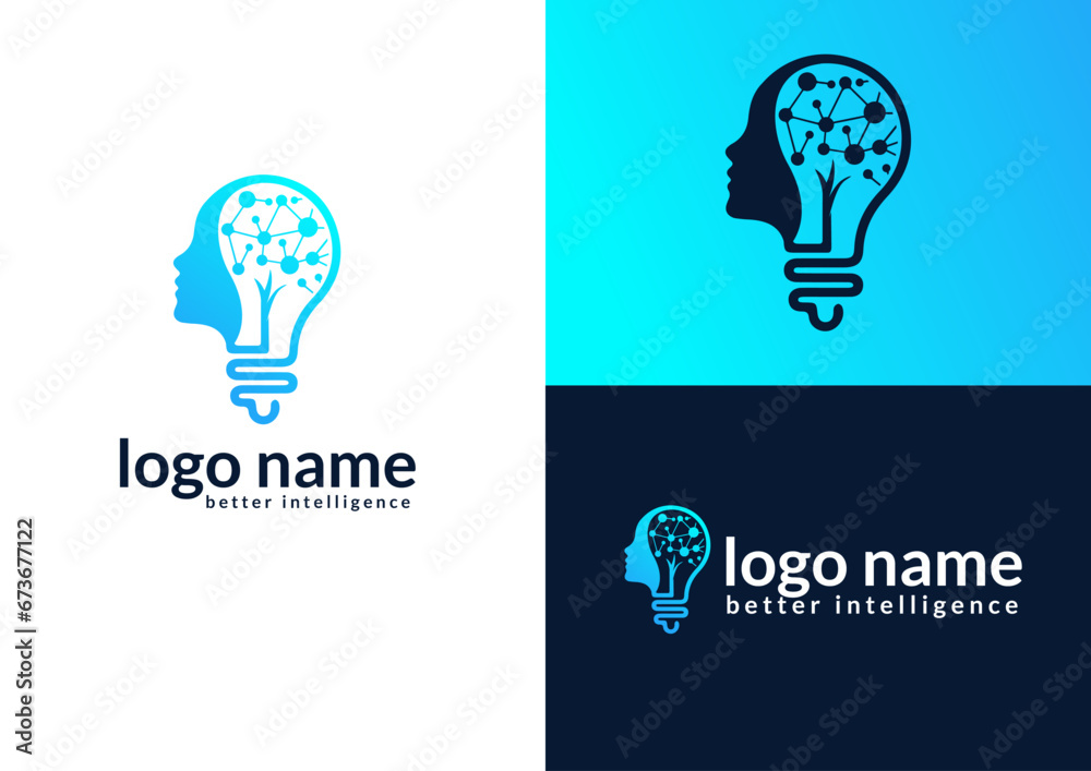 Vector lightbulb with human face and digital brain logo design concept Vector lightbulb with human face and digital brain logo design concept