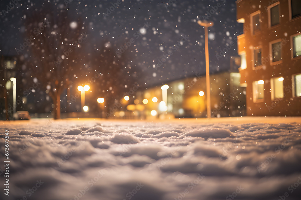 snowfall and light bokeh, flare with building,snowfield,night.