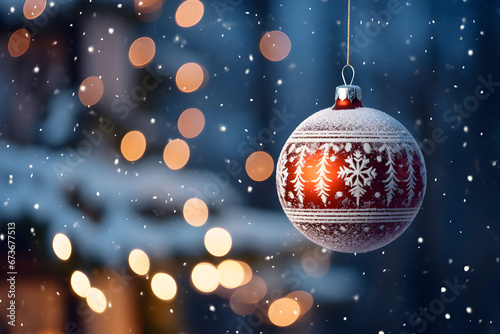A lots of small Christmas ball decorated on night street light, hang on Christmas tree.