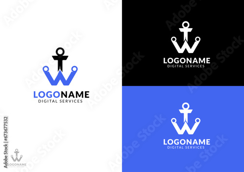 Vector w letter anchor logo design concept