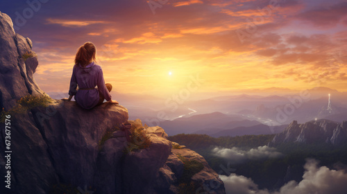 A woman sitting on the top of a mountain
