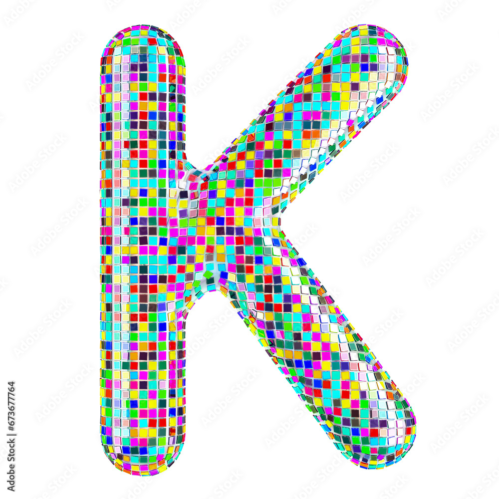 Mosaic font, letter K from vivid mosaic pieces. 3D rendering isolated on transparent background