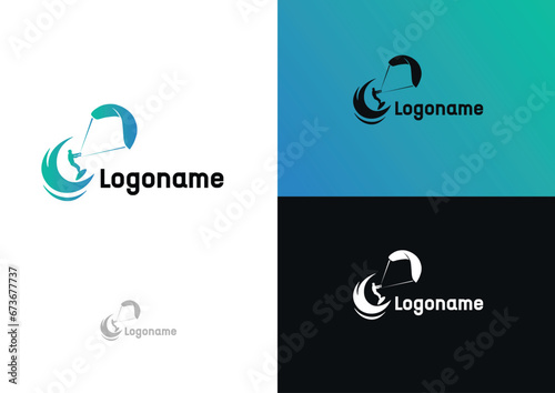 Vector surfing with kite logo design concept