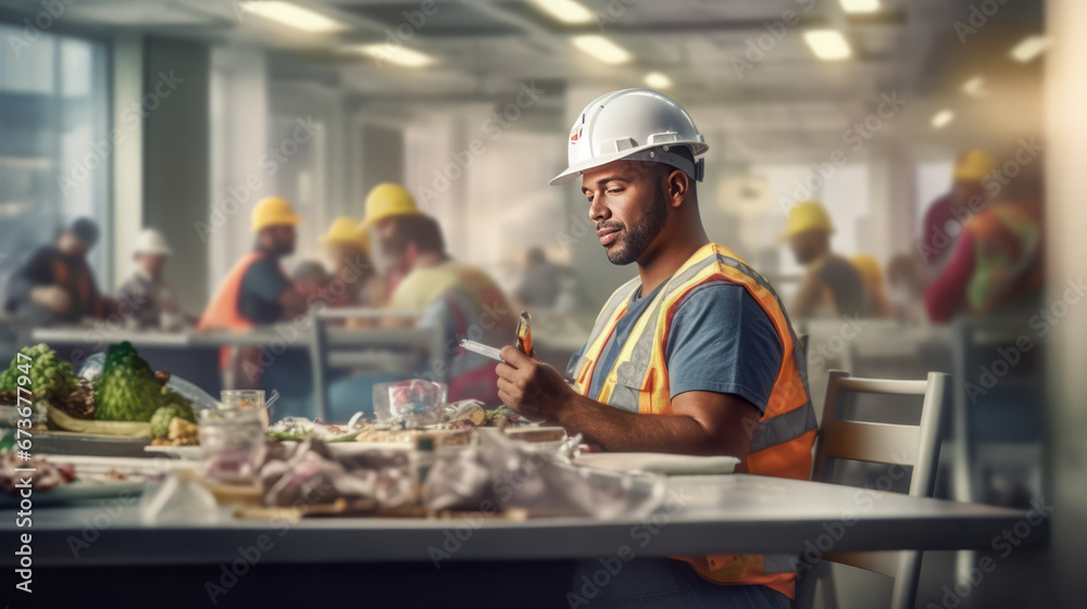 Happy construction worker dining in site cafeteria Happy construction worker dining in site cafeteria
