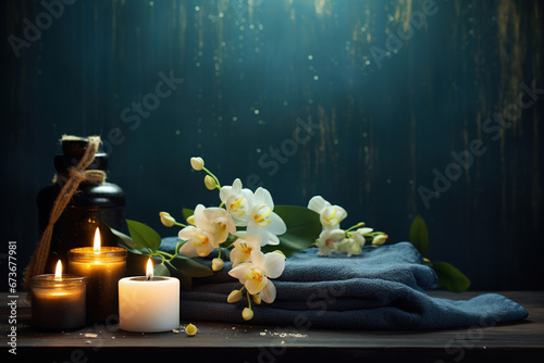 Beauty spa treatment background with candles on a dark background. Free space for your text. photo