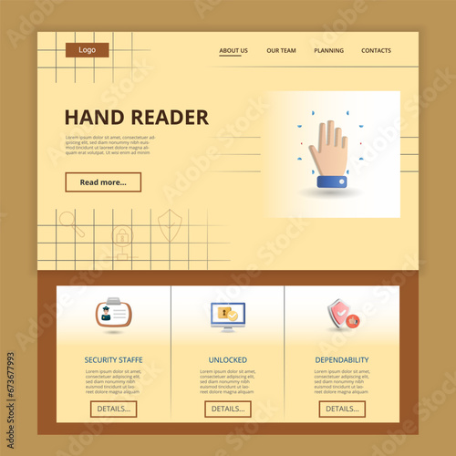 Hand reader flat landing page website template. Security staff, unlocked, dependability. Web banner with header, content and footer. Vector illustration.