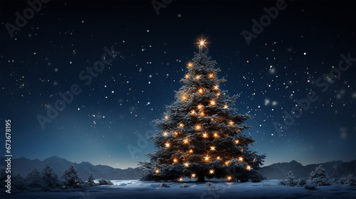 Christmas tree in winter landscape with snow and starry sky. © © Ai Factory