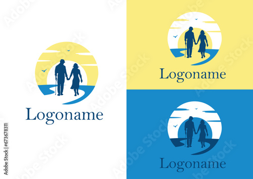 Vector couple walking on a path with sunset logo design concept