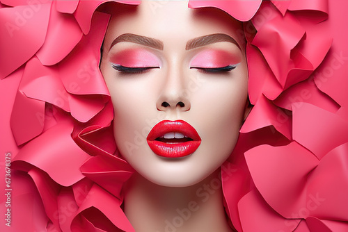Beautiful plump bright lips in the style of red and pink, conceptual pop, cut/ripped into the slit of colored paper. photo