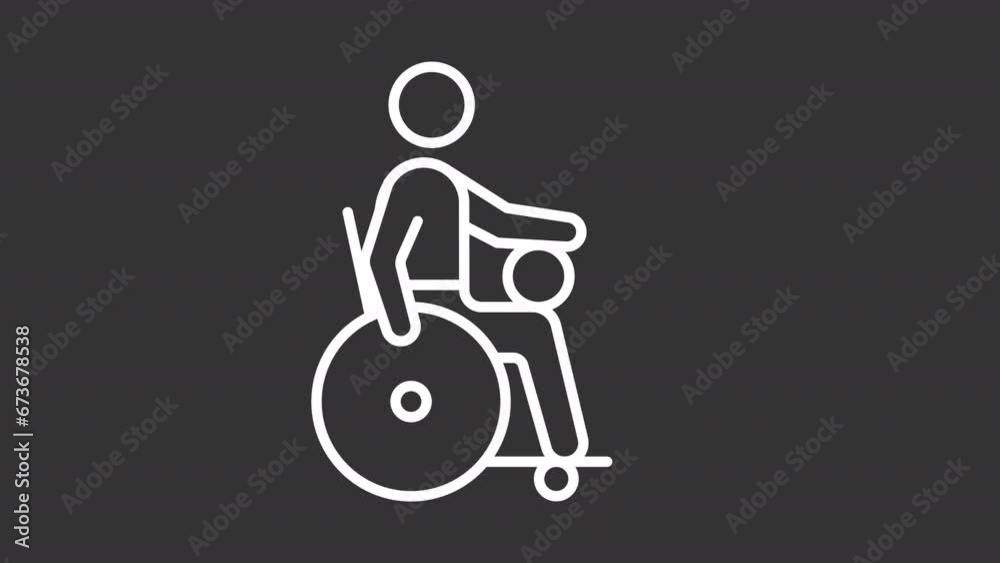 2D white simple thin line animation of player with ball on wheelchair, HD video with transparent background, seamless loop 4K video representing paralympic games. 2D white simple thin line animation of player with ball on wheelchair, HD video with transparent background, seamless loop 4K video representing paralympic games.