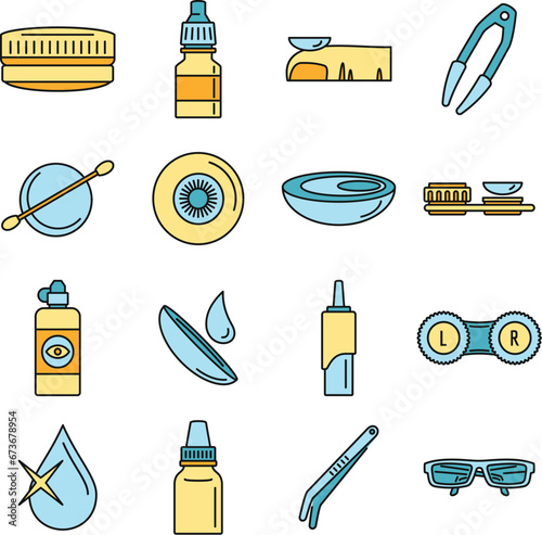 Optical contact lens icon set. Outline set of optical contact lens vector icons thin line color flat on white