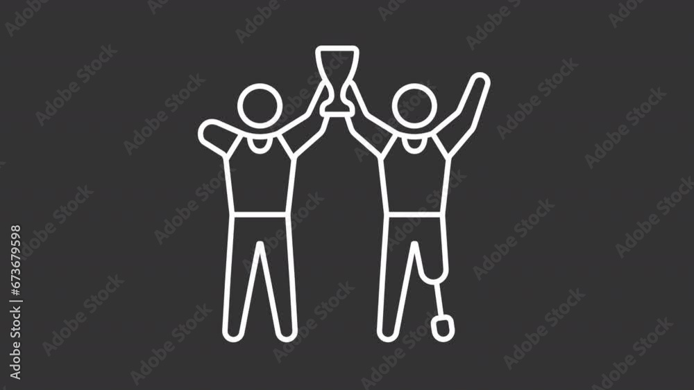 2D white simple thin line animation of impaired players holding trophy, HD video with transparent background, seamless loop 4K video representing paralympic games. 2D white simple thin line animation of impaired players holding trophy, HD video with transparent background, seamless loop 4K video representing paralympic games.