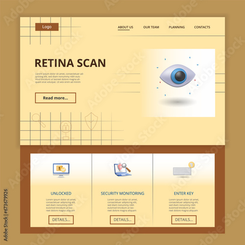 Retina scan flat landing page website template. Unlocked, security monitoring, enter key. Web banner with header, content and footer. Vector illustration.