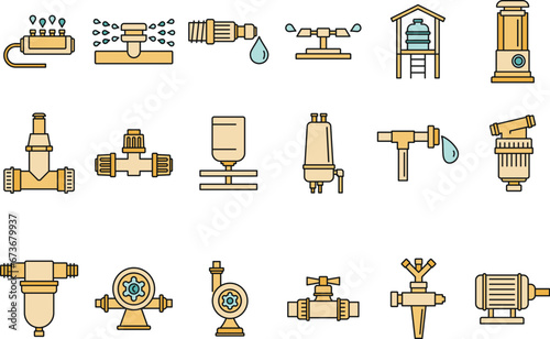 Agricultural irrigation system icon set. Outline set of agricultural irrigation system vector icons thin line color flat on white