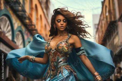 Beautiful exotic woman dancing on the streets during carnival. photo