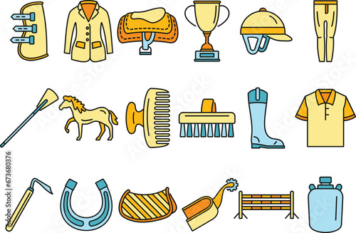 Horseback riding gear icon set. Outline set of horseback riding gear vector icons thin line color flat on white