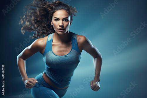 A strong athletic, woman sprinter, work out at the gym on light background wearing in the sportswear, fitness and sport motivation. Runner concept with copy space.