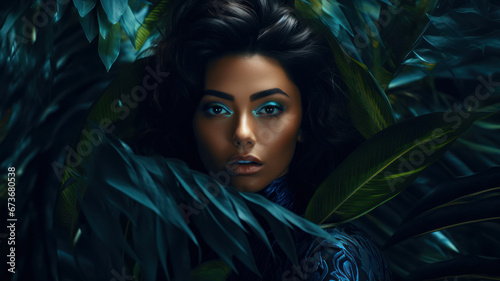 Fashion portrait of a beautiful woman surrounded by tropical leaves. Beauty, fashion.