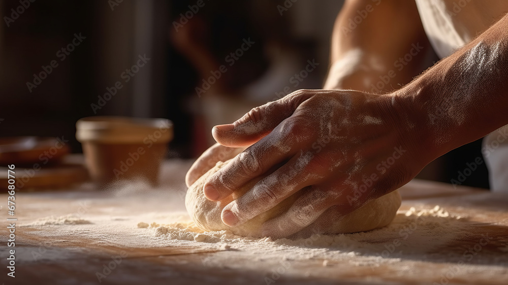 Close up of hand kneading the dough on the table in the kitchen