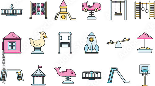 Park kid playground icon set. Outline set of park kid playground vector icons thin line color flat on white
