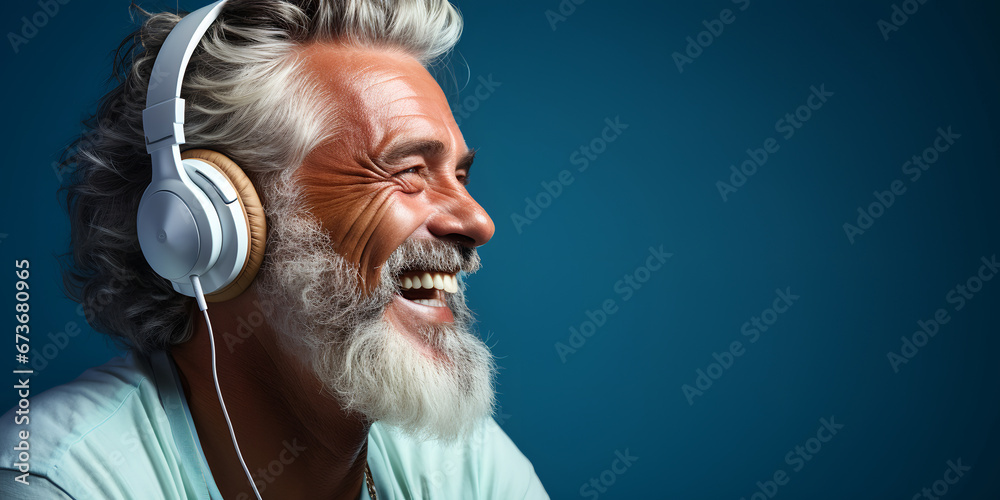 Portrait of happy senior man listening to music with headphones over blue background. ia generative