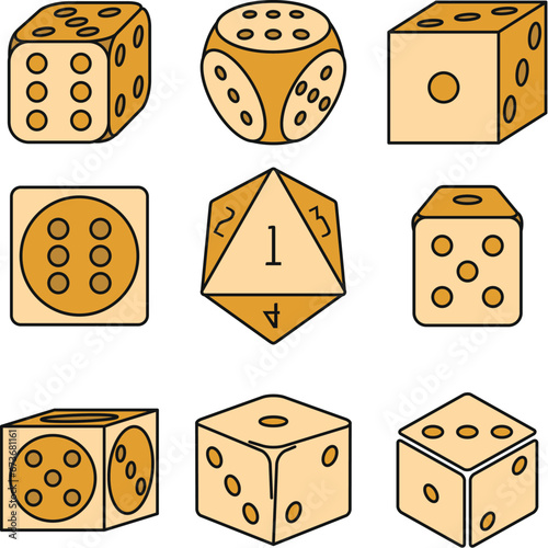 Play dice icons set. Outline set of play dice vector icons thin line color flat on white