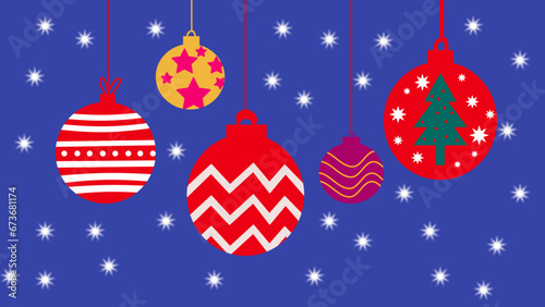 vector de bolas de navidad de diferentes colores y tamaños con fondo azul con copos de nieve. bolas de navidad para decoración.
