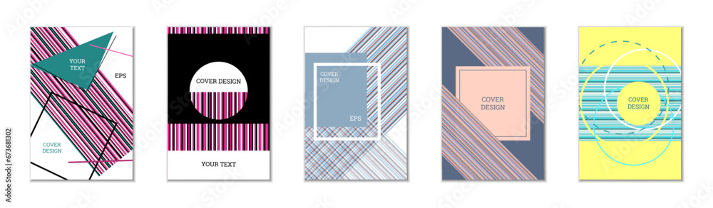 Geometric cover design, set of 5 covers. Abstract unusual background in Memphis style. Bright geometric shapes in random order Geometric cover design, set of 5 covers. Abstract unusual background in Memphis style. Bright geometric shapes in random order