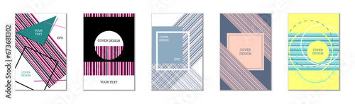 Geometric cover design, set of 5 covers. Abstract unusual background in Memphis style. Bright geometric shapes in random order