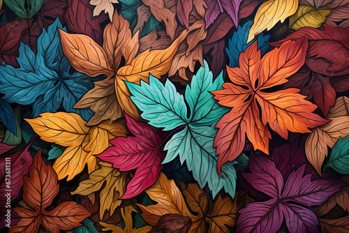 A lot of colorful leaves in the style of naturalistic tones.