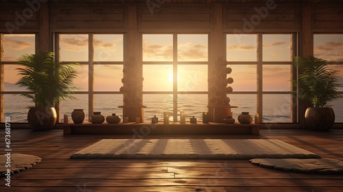 Wooden room with wooden floor. AI generated art illustration.