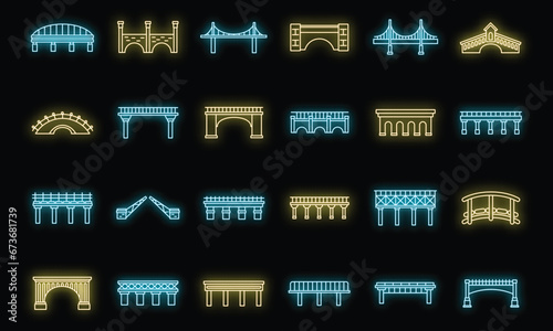 Play dice icons set. Outline set of play dice vector icons neon color on black