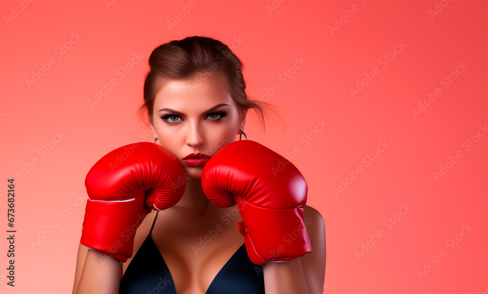 Female model wearing boxing gloves isolated on pink background. Knockout deals and offers or fighting for female rights. 