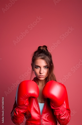 Female model wearing boxing gloves isolated on pink background. Knockout deals and offers or fighting for female rights.  © henjon