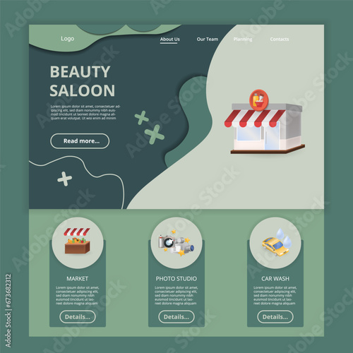 Beauty saloon flat landing page website template. Market, photo studio, car wash. Web banner with header, content and footer. Vector illustration.