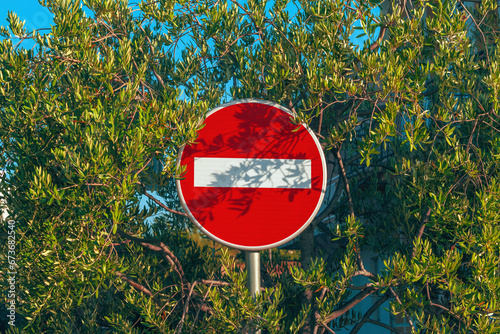 No Entry traffic sign surrounded with olive branches in summer morning