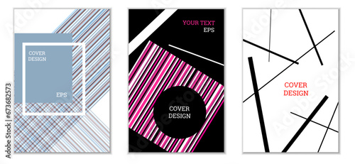 Geometric cover design, set of 3 covers. Abstract unusual background in Memphis style. Bright geometric shapes in random order