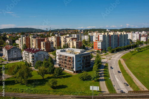 An aerial view over a residential district of Karlovac, south of the historic centre, in Central Croatia. The city railway line is in the foreground