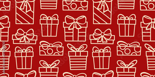 Red Christmas present vector pattern background, gift box seamless repeat wallpaper or textile print, simple holiday background with hand drawn line art elements.