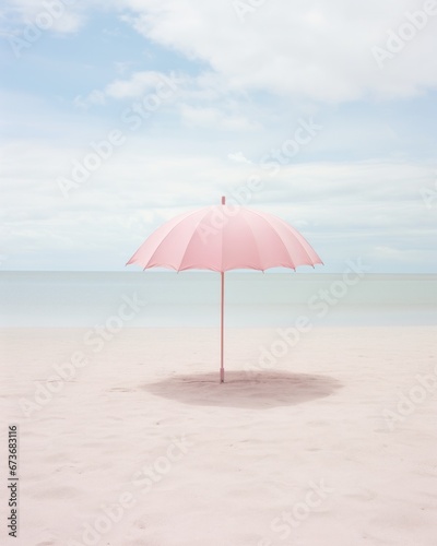 A vibrant pink umbrella stands tall against the vast blue sky, providing a pop of color on the serene beach as fluffy clouds drift lazily above and waves crash against the sandy ground, making it the