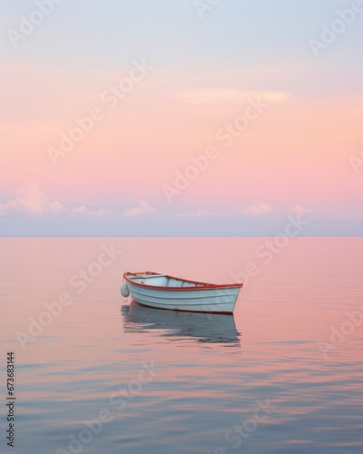 As the sun rises over the tranquil water  a majestic boat sails through the sea  its white sails billowing against the backdrop of a fiery sky  capturing the essence of freedom and adventure on this 