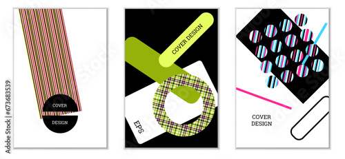 Geometric cover design, set of 3 covers. Abstract unusual background in Memphis style. Bright geometric shapes in random order
