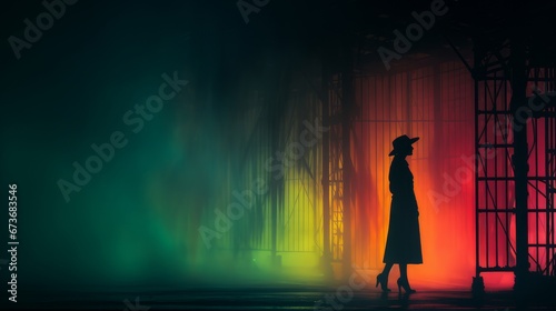 silhouette of a woman in neon fog