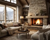 A cozy den in a grand house, with plush couches arranged around a crackling hearth, the warm light of the fireplace casting shadows on the walls and floor as the ceiling soars above, a perfect spot t