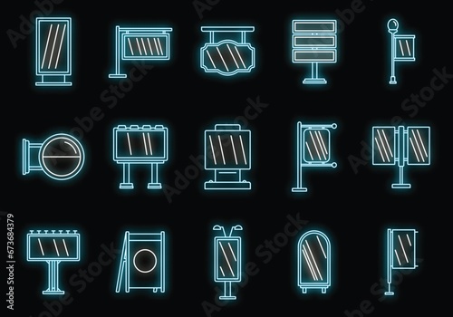 Outdoor advertising building icons set. Outline set of outdoor advertising building vector icons neon color on black