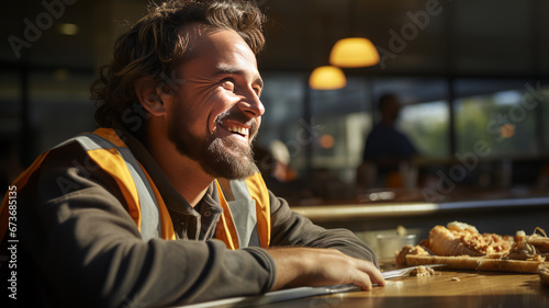 Happy construction worker dining in site cafeteria generative ai photo
