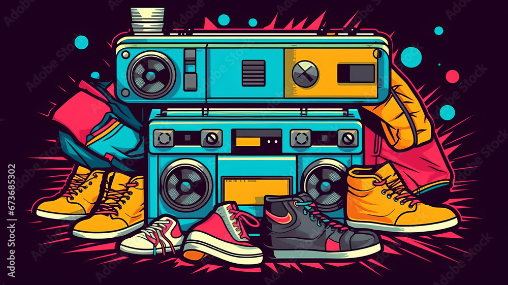 Fototapeta premium Design 80s-themed online clothing store logo , roller skates, cassette tapes.