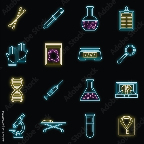 Dna investigation laboratory icons set. Outline set of dna investigation laboratory vector icons neon color on black