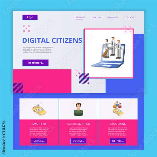 Digital citizens flat landing page website template. Smart car, face recognition, car sharing. Web banner with header, content and footer. Vector illustration.